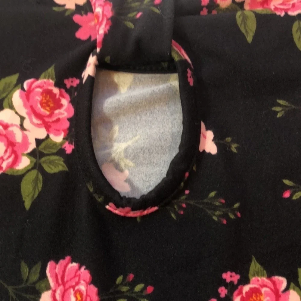 BTWEEN Girls Stretchy Dress Black Pink Rose Floral Keyhole Back Size L 10/12 NWT